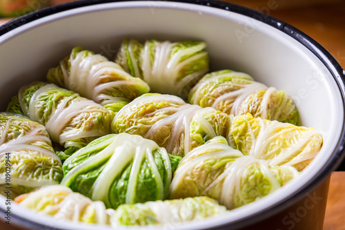 Chinese Stuffed Cabbage (Rolls) with Meat and Onion in Steamer Pot, Close-up