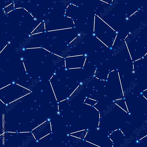 Vector seamless pattern. Space background night sky with the image of the constellations Libra, Canis Major, Canis Minor, Ursa Minor, Ursa Major, Leo. Elements for an astronomical astrological design