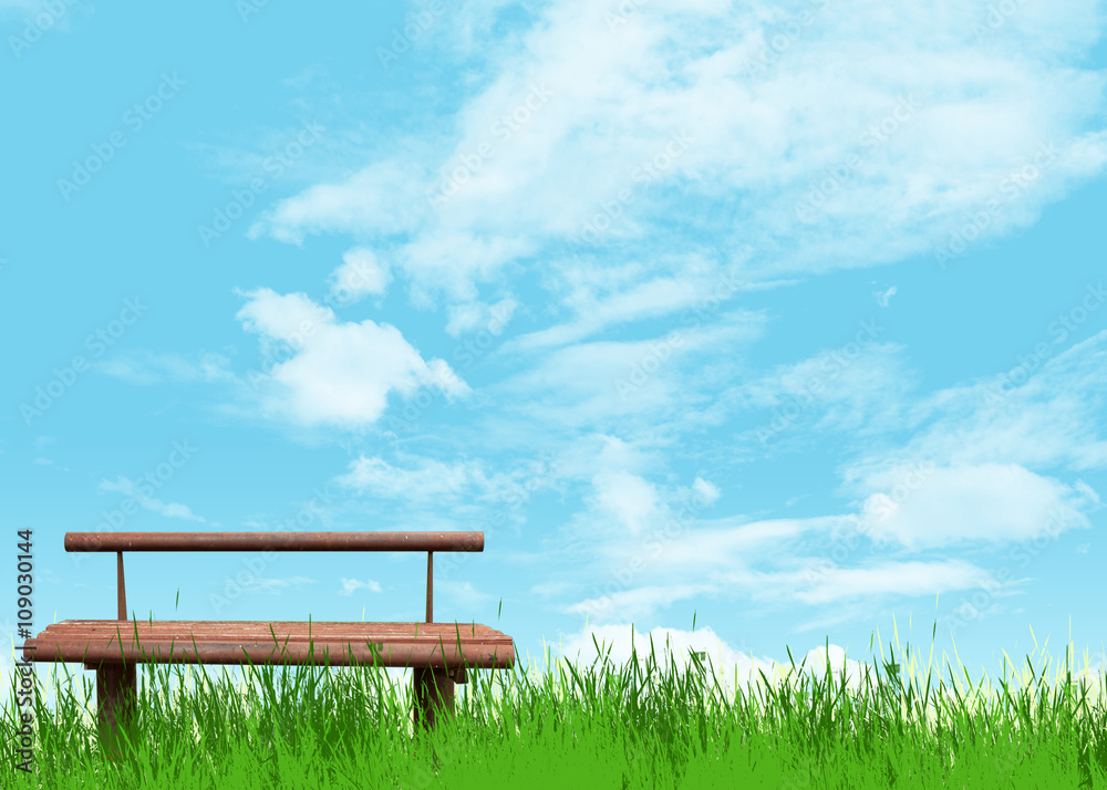The bench on nature and cloudy sky background The bench on nature and cloudy sky background