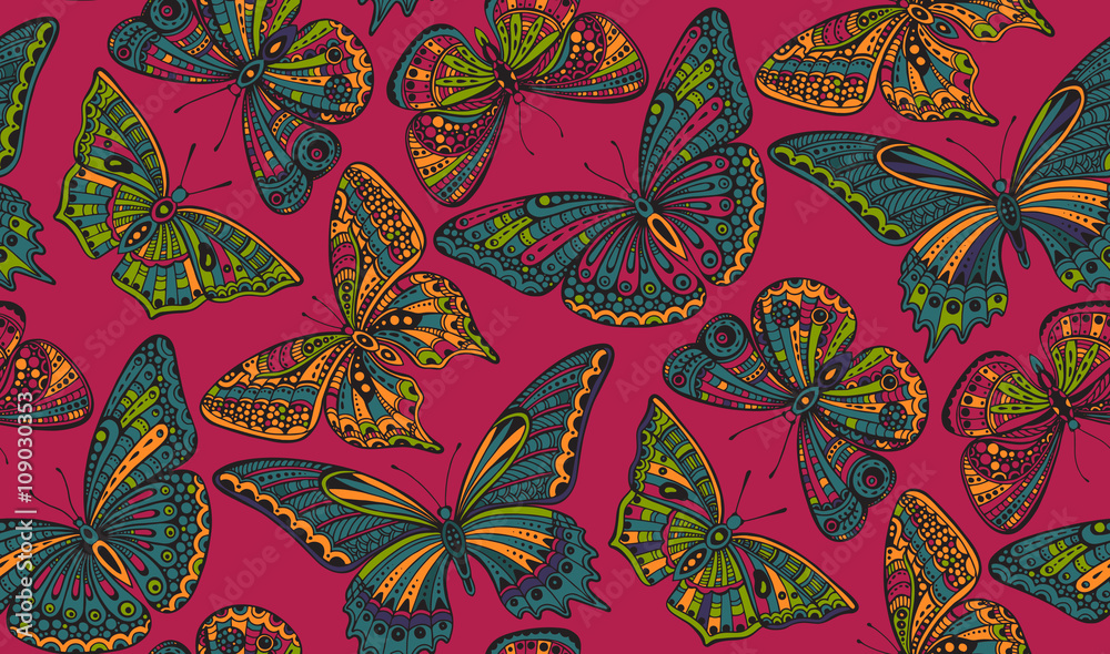 Seamless pattern with ornate doodle hand drawn butterflies. Seamless pattern with ornate doodle hand drawn butterflies.