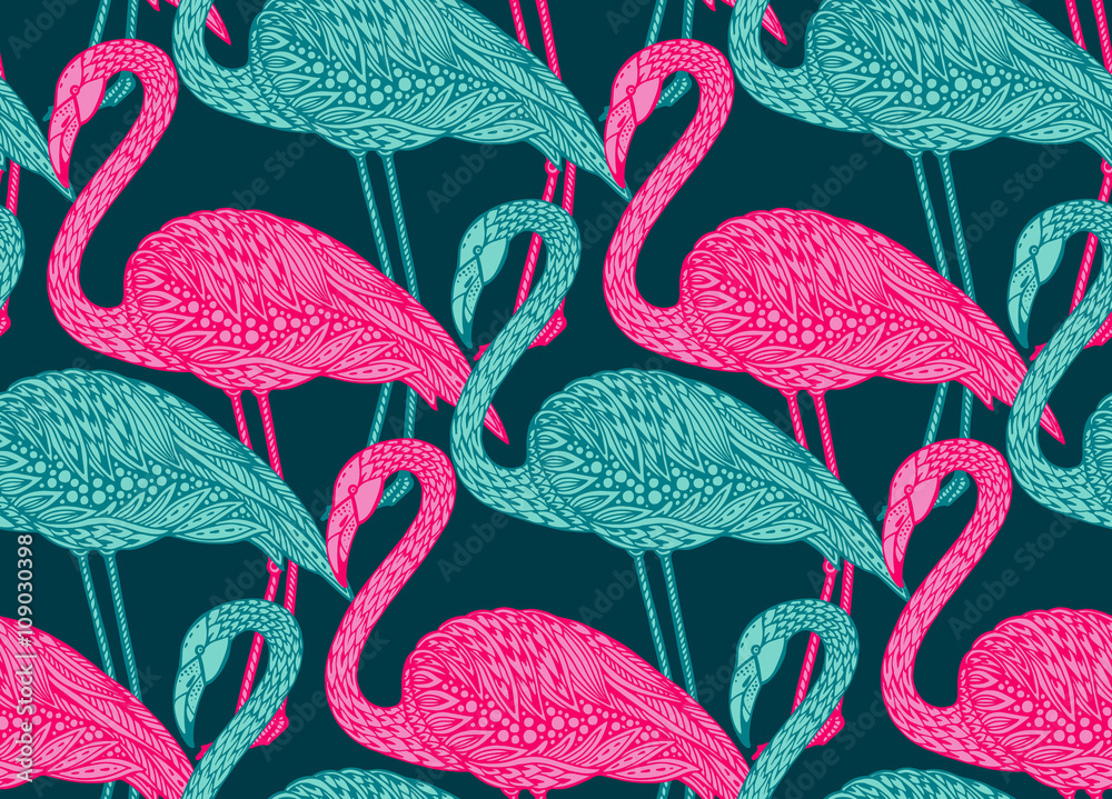 Naklejka premium Seamless pattern with hand drawn flamingo birds in doodle style.