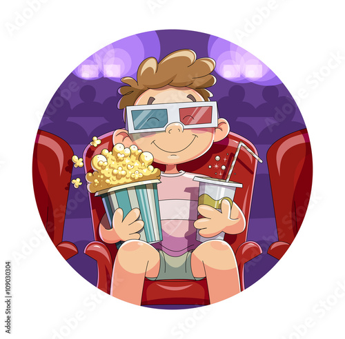 Boy with popcorn and drink in cinema watch film vector illustration eps10
