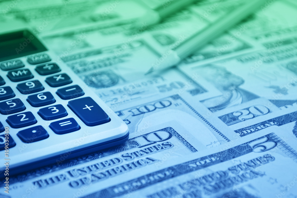 Calculator button plus and pencil on dollar bank note money, Fin Calculator button plus and pencil on dollar bank note money, Fin