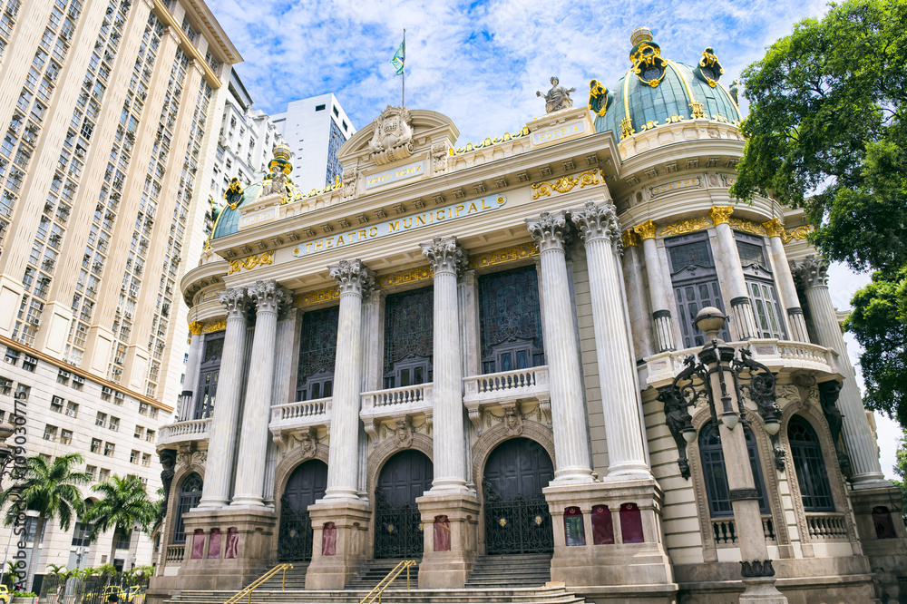 The Municipal Theatre, built in an Art Nouveau style inspired by the Paris Opera, was completed in 1909 in downtown Rio de Janeiro, Brazil