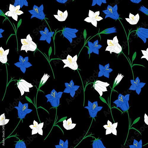 Floral seamless pattern with hand drawn bluebell flowers on the black background. Vector background.