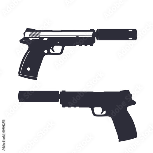 modern pistol with silencer, handgun silhouette, gun isolated on white, vector illustration