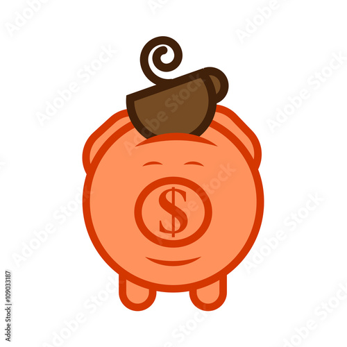 Flat design vector icon of piggy bank to economize and saving money with a coffee