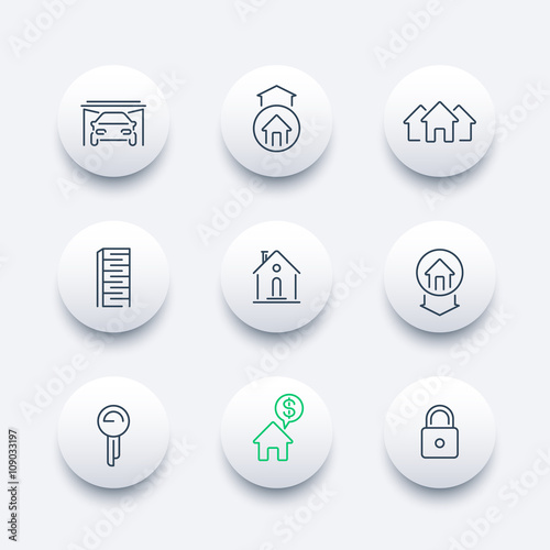 Real estate line icons, mortgage, key, rent, sale, loan, building, house for sale, property round modern icons set, vector illustration