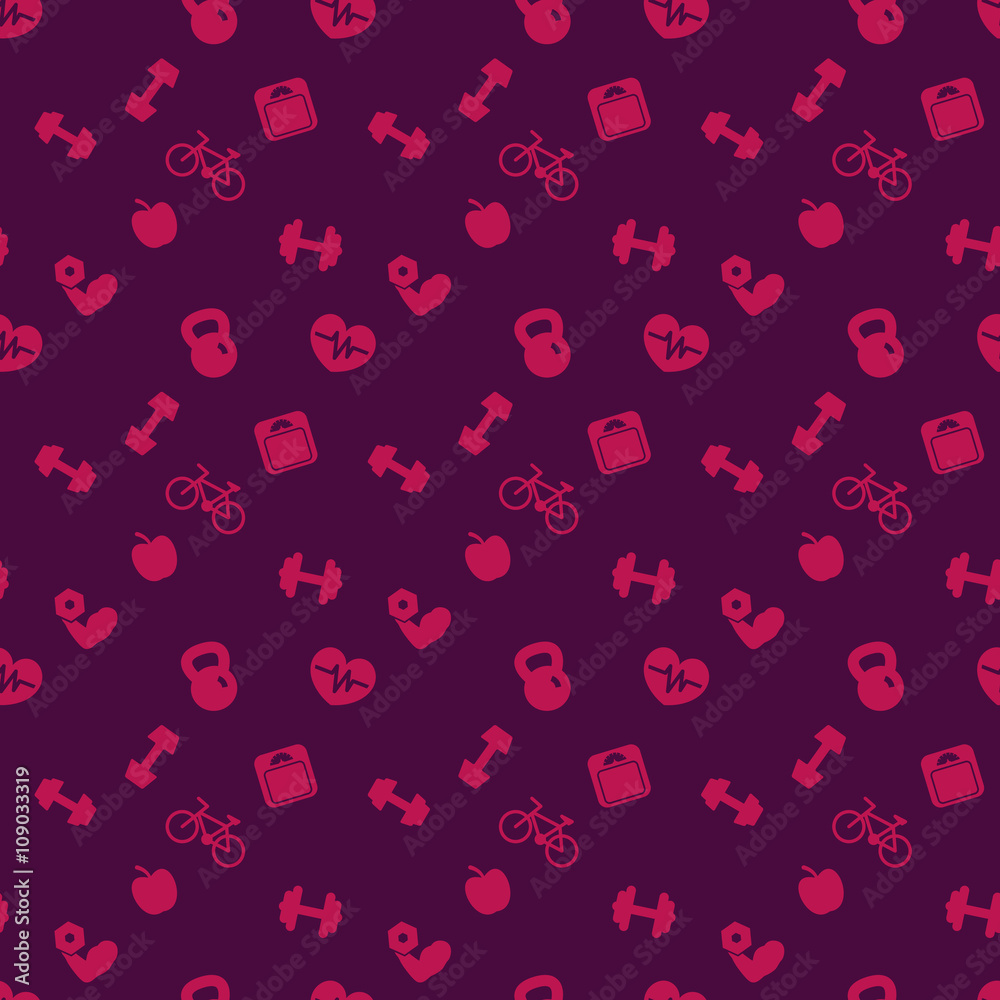 seamless pattern with fitness icons, dark red seamless fitness background, vector illustration