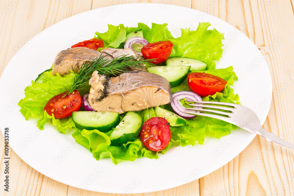 Salad with Lettuce, Tomatoes, Cucumbers and Canned Tuna