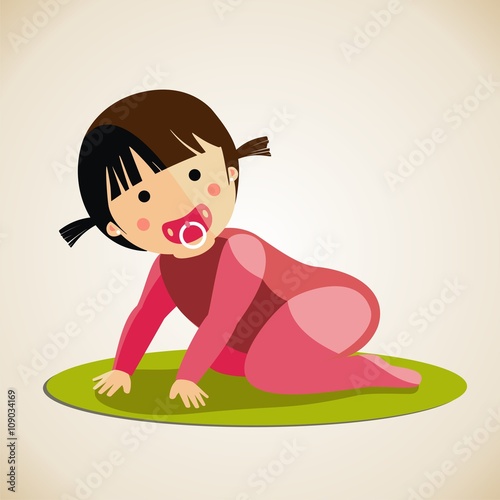 Un bebé con chupete jugando de rodillas en el suelo. Ilustración vectorial