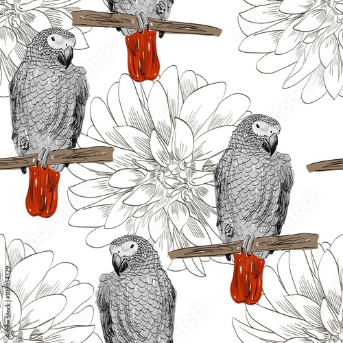 Vector sketch of a parrot with flowers. Hand drawn illustration