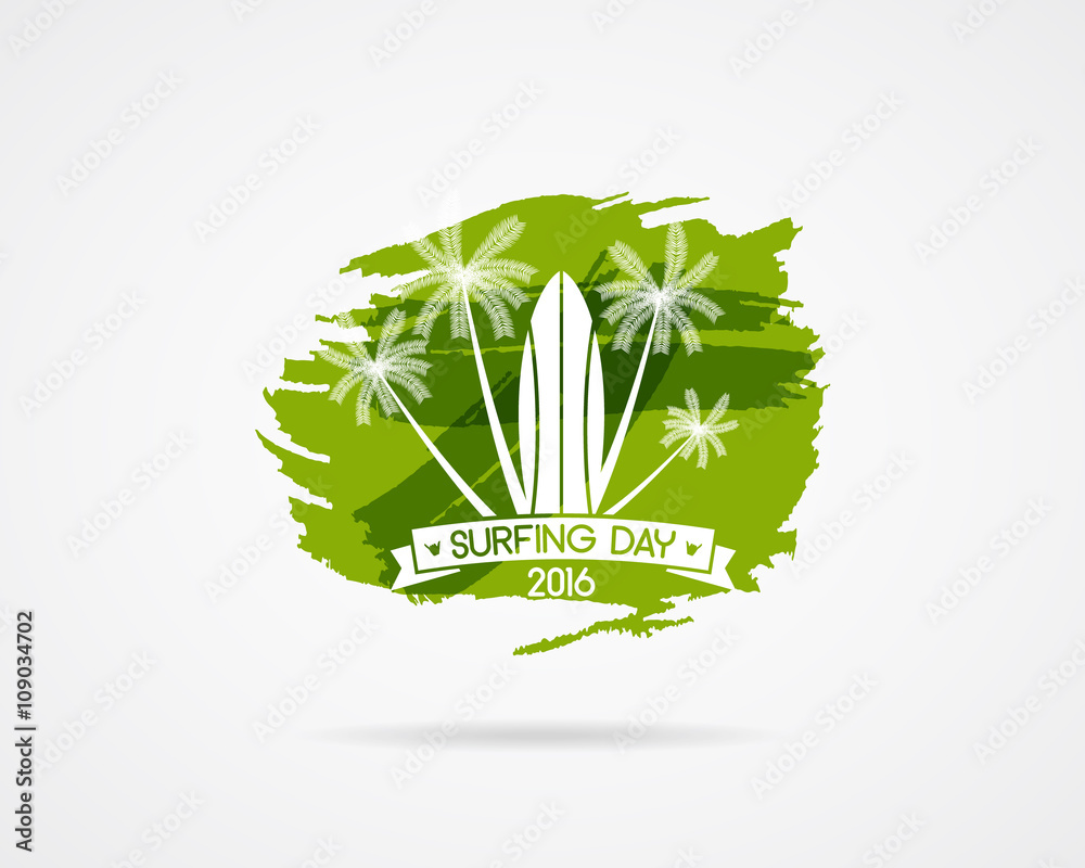 Surfing day label graphic elements. Vector Vacation typography emblem on watercolor ink splash symbol. Surfer party badge with surf symbols surfboard. Best for web design or tee design print, t-shirt Surfing day label graphic elements. Vector Vacation typography emblem on watercolor ink splash symbol. Surfer party badge with surf symbols surfboard. Best for web design or tee design print, t-shirt