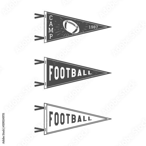 College Football Pennant Flags Set. Vector Football pendant Icons. University USA Sport flag, isolated. Training camp emblem. Soccer label element. Monochrome design template. Vector sign