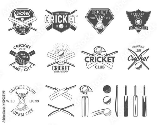 Set of vector cricket sports logo designs. Cricket icons vector set. Cricket emblems design elements. Sporting tee designs. Cricket club badges. Isolated cricket gear, equipment for web or t-shirt