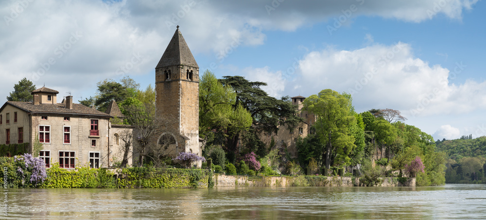 Fototapeta premium Panorama of the green island Ile Barbe in the Saone, in the 9th arrondissement of Lyon.