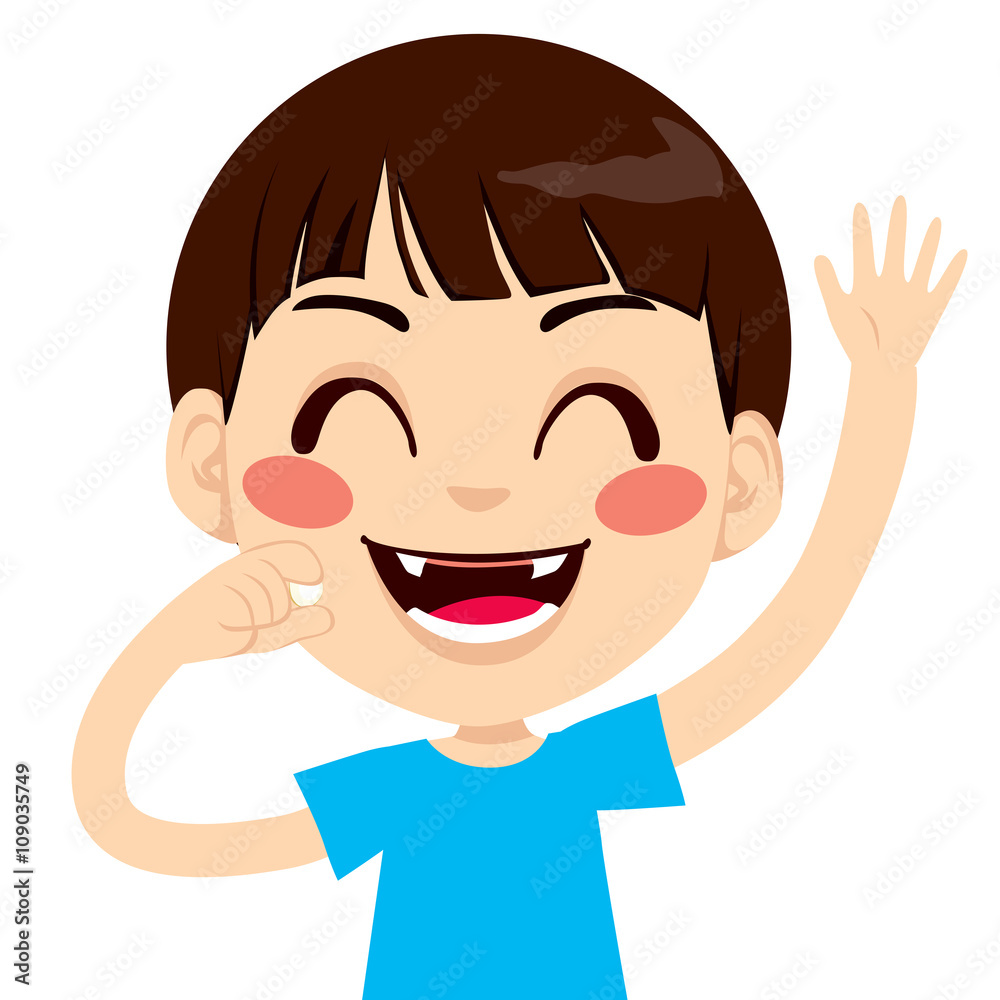 Cute little boy happy holding fallen teeth and waving hand Cute little boy happy holding fallen teeth and waving hand