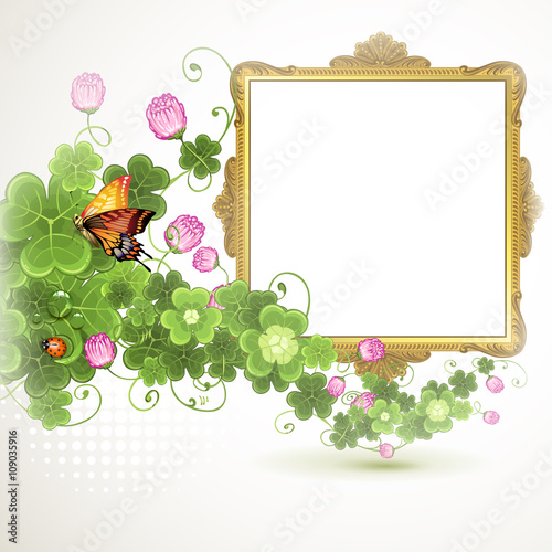 Golden frame with roses on white background