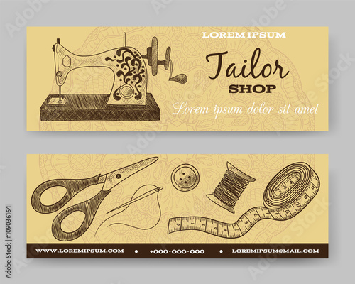 Website banner or header set. Tailor shop. Template for design. Thimble, needle, thread, bobbin, scissors, vintage sewing machine