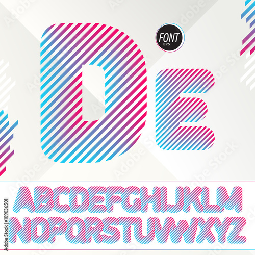 DJ style font. Striped colorful letters. Best to use for posters, cards, parties flyers, stylish invitation for events and web design. Vector illustration.