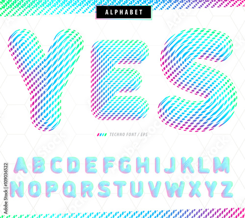 Modern techno font with a gradient of red, green and blue lines that looks fashionable and good on posters, banners of the city and on the pages of a stylish websites. Vector illustration.