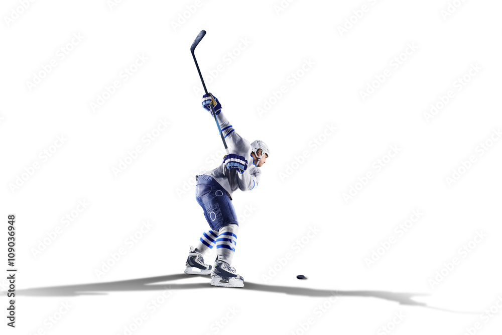 Professional hockey player skating on ice Isolated in white StockFoto Adobe Stock