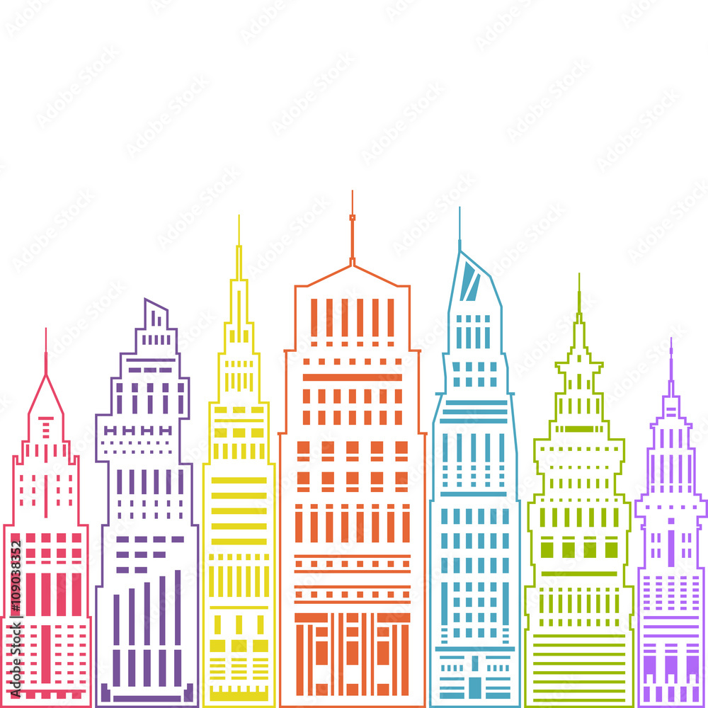 Colorful Modern Big City with Buildings and Skyscraper, Architecture Megapolis, City Financial Center , Linear Style Design, Real Estate , Vector Illustration