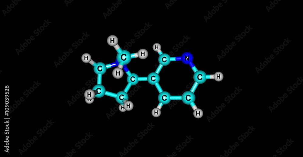 3D illustration of nicotine molecular structure isolated on black