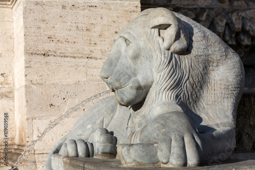 Lion statue spitting water in The Fountain of Moses in Rome Italy
