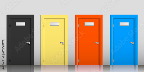 The doors of different colors with signs on a gray wall