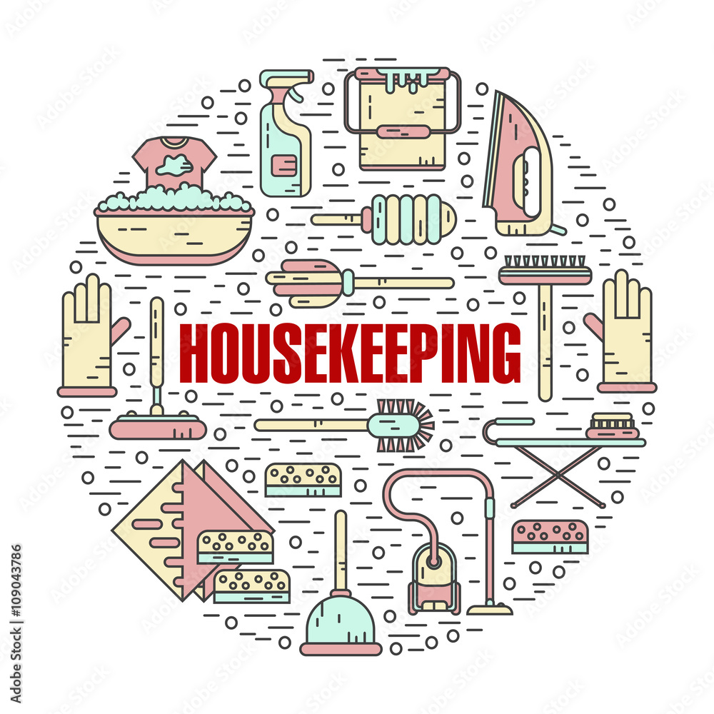 Vector modern line style color illustration of housekeeping. Vacuum cleaner, washing machine, gloves, brush, brush, bucket, broom, iron, wiper, sponges. Round shape icons concept.