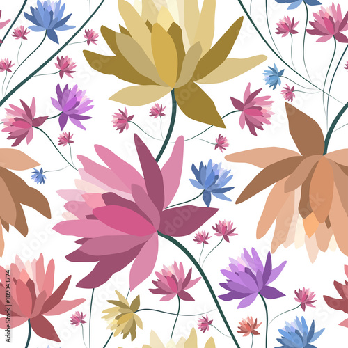 Floral patten with lotus flowers.Seamless vector textile print.Colorful textile texture