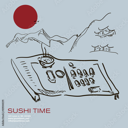 Hand draw sketch sushi modern design asian cafe poster vector il
