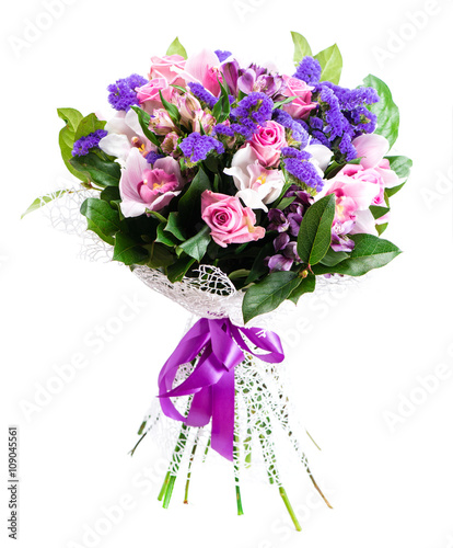 Fototapeta Naklejka Na Ścianę i Meble -  exotic bouquet with orchid and statice isolated on white backgro