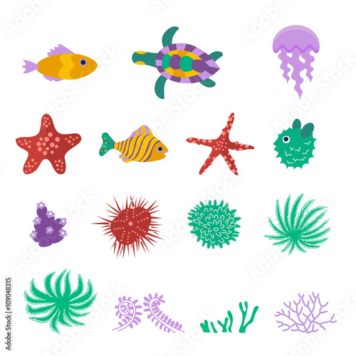 Vector set of sea marine fish  animals  plants