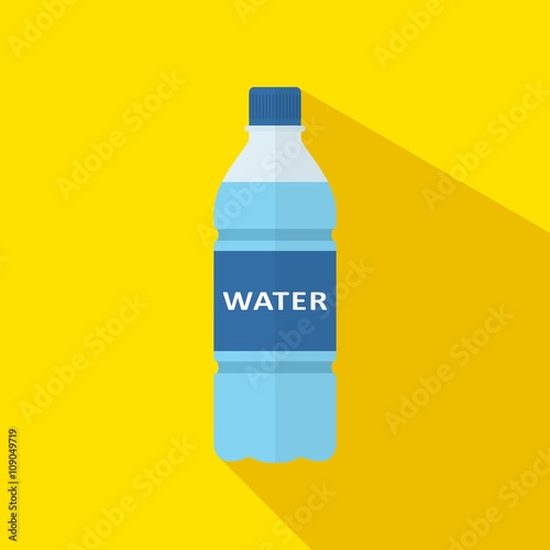 Bottle of water icon with long shadow in flat style isolated on yellow background. Vector illustration