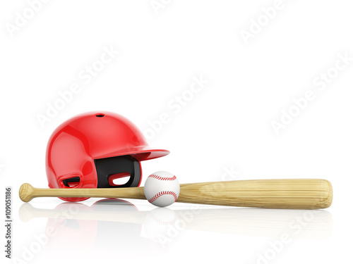 Canvas Print A red baseball helmet, wooden bat and white leather ball on a wh