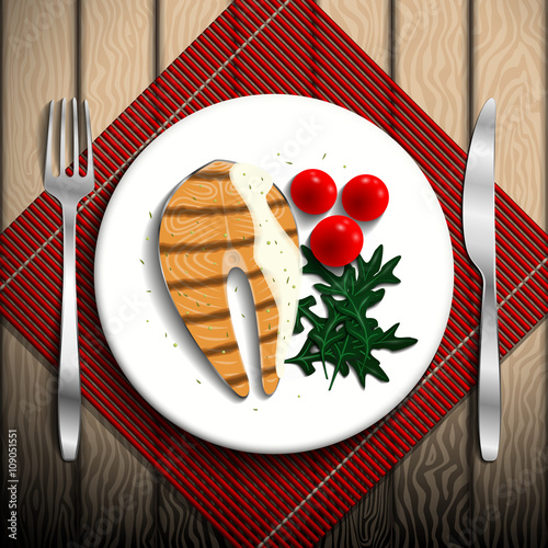 Grilled salmon with cherry tomato and arugula on white plate. Vector illustration.

