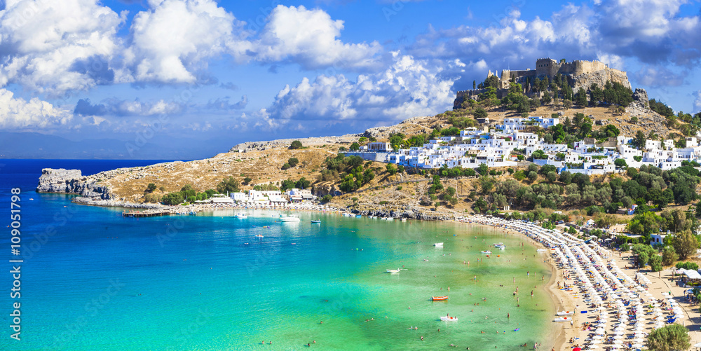 panoramic view of  Lindos bay, village and Acropolis, Rhodes, Gr