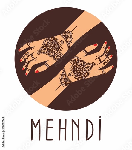 Element yoga mudra hands with mehendi patterns. Vector illustration for a yoga studio, tattoo, spas, postcards, souvenirs. Indian traditional lifestyle.