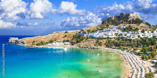 panoramic view of  Lindos bay, village and Acropolis, Rhodes, Gr photo