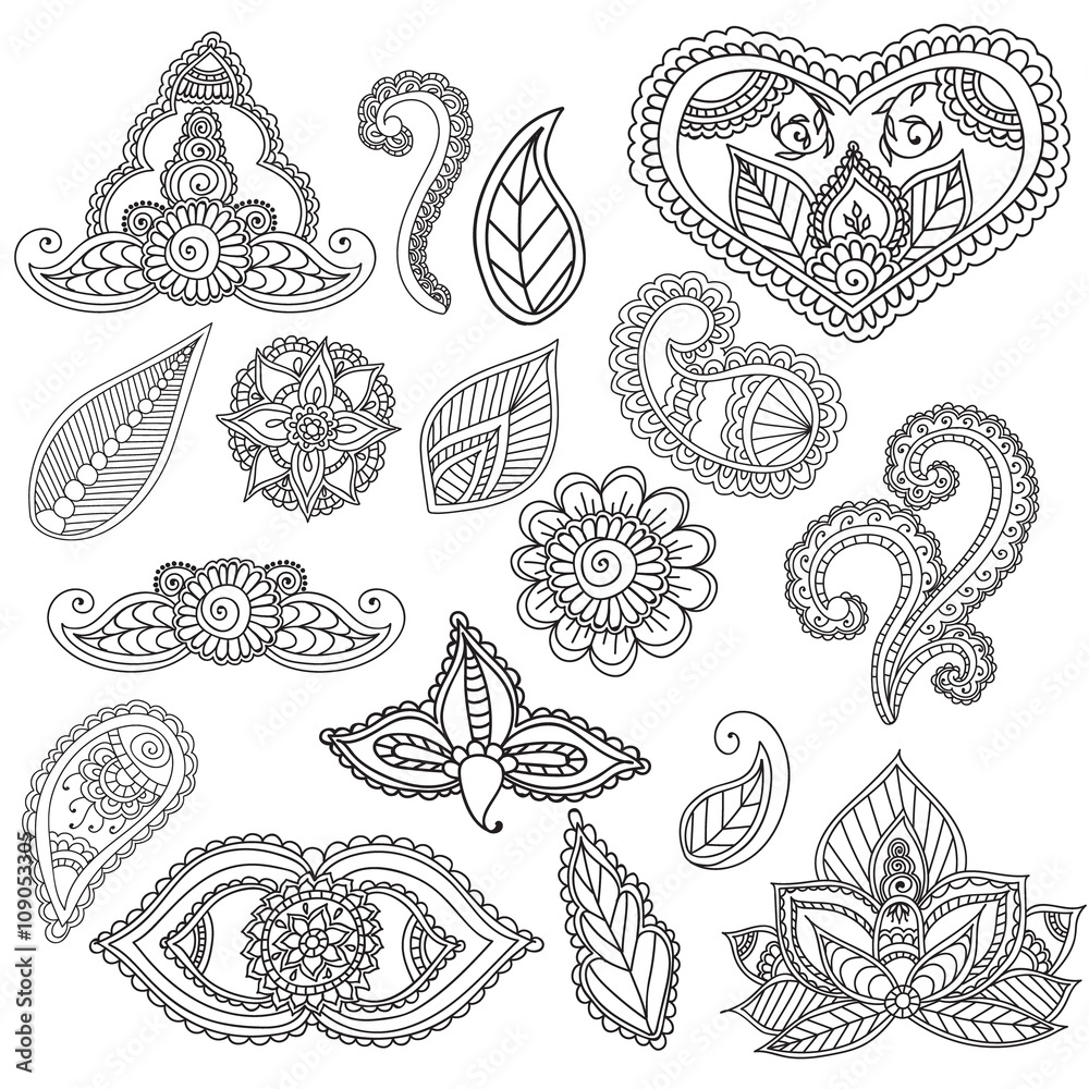 Fototapeta premium Coloring pages for adults. Henna Mehndi Doodles Abstract Floral Elements.