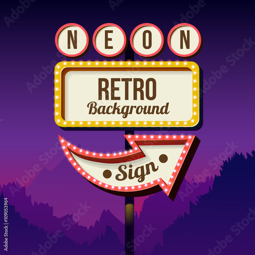 Neon sign with lights. Retro billboard in the city at night. Clean place with a frame. Volumetric vintage frame. Roadside sign. Road red sign from the 50s. Shield against night mountain. 