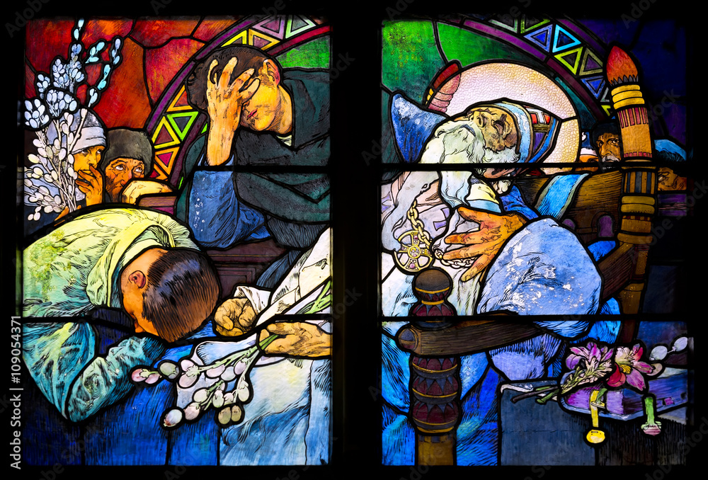 Close-up of the Art Nouveau stained glass window by Alfons Mucha, St. Vitus Cathedral, Prague Close-up of the Art Nouveau stained glass window by Alfons Mucha, St. Vitus Cathedral, Prague
