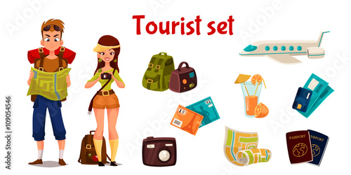 set travel concept summer vacation on the beach, cartoon tourists go hiking in travel between countries, vacation, set of elements of icons, card, ticket, airplane, passport, beach stuff, plane