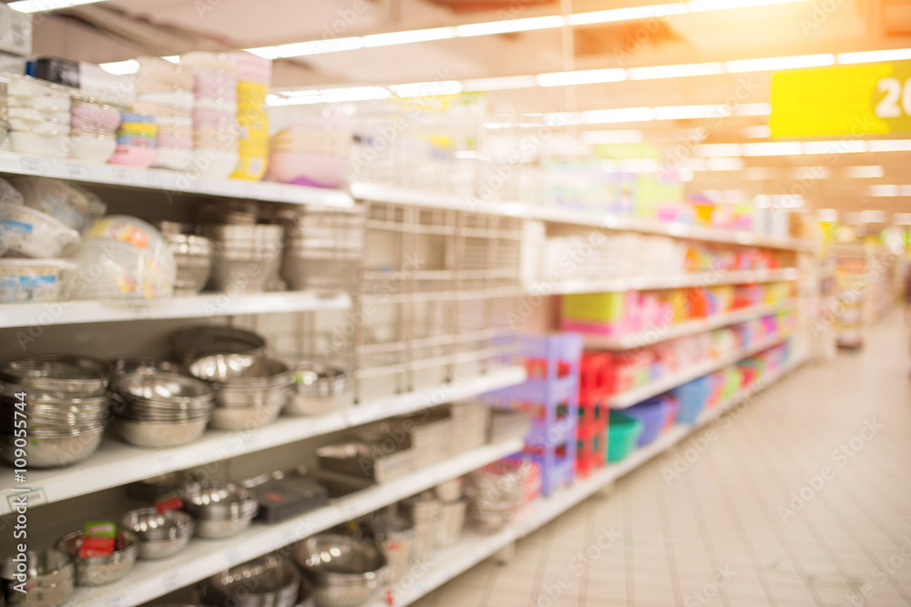 Supermarket Aisle and Shelves, lens blur effect.