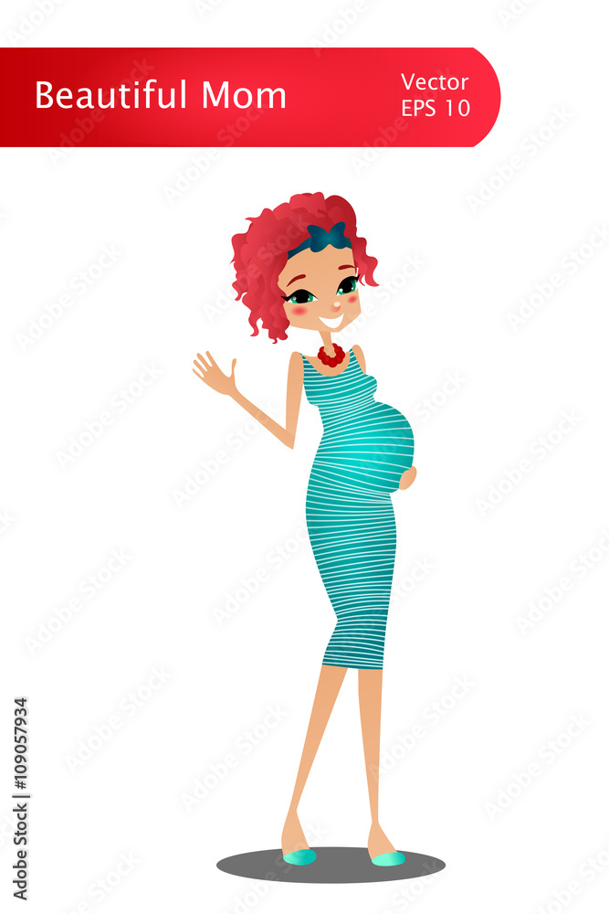 Isolated Cute Colorful Vector Cartoon Pregnancy Character Illustration with  an Isolated Beautiful Colorful Pregnant Lady with a Big Belly, Make Up.  Done Hair, Expecting Woman Being Pretty, Vector Girl Stock Vector |