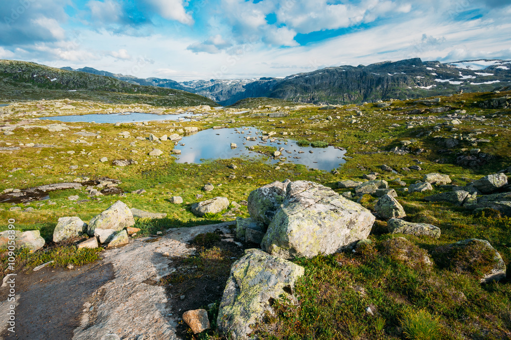 Mountains Landscape with Blue Sky and Lake in Norway. Scandinavi