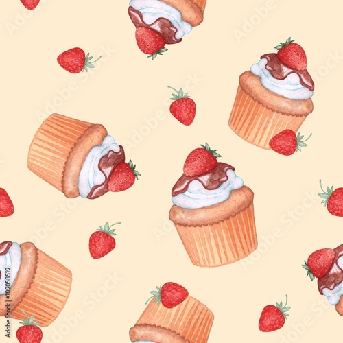 Strawberry cupcake. Seamless pattern. Watercolor drawing