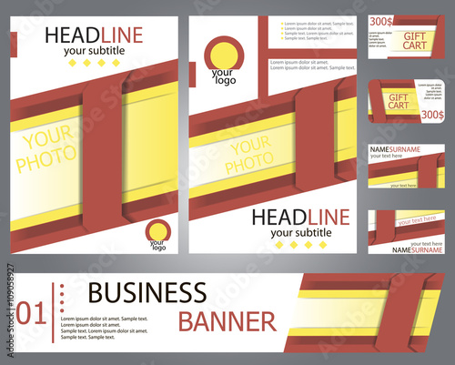 Templates red, yellow brochure design, banner, gift cards, business cards. Set. Vector illustration. 